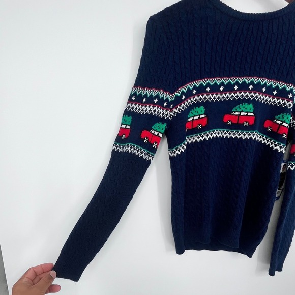 NWT Lands End Kids Boys Sweater Large 10-12 Navy Christmas Tree Truck Holiday - Picture 3 of 12